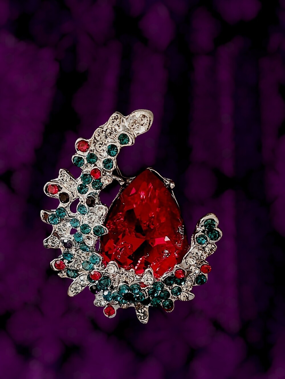 Sparkling Red Teardrop Crescent Brooch